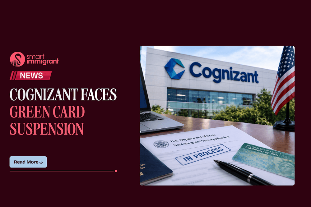US Green Card Suspension: Cognizant H-1B PERM Halted by DOL US Green Card Suspension banner on Cognizant office building